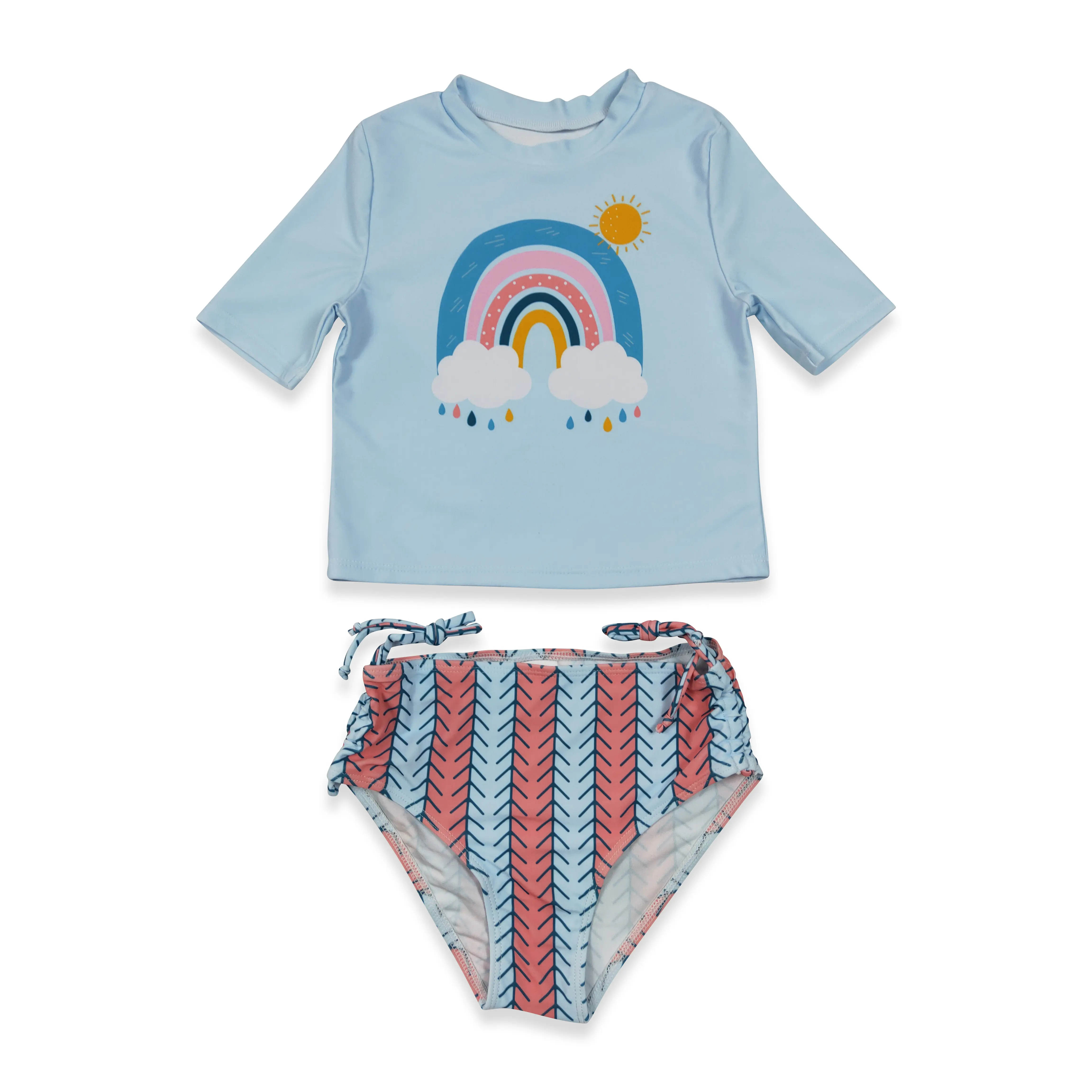 Girls' Cute Rainbow Print Tankini Swimsuit Set, 2-Piece Blue Summer Bathing Suit, Comfortable Beachwear for Kids