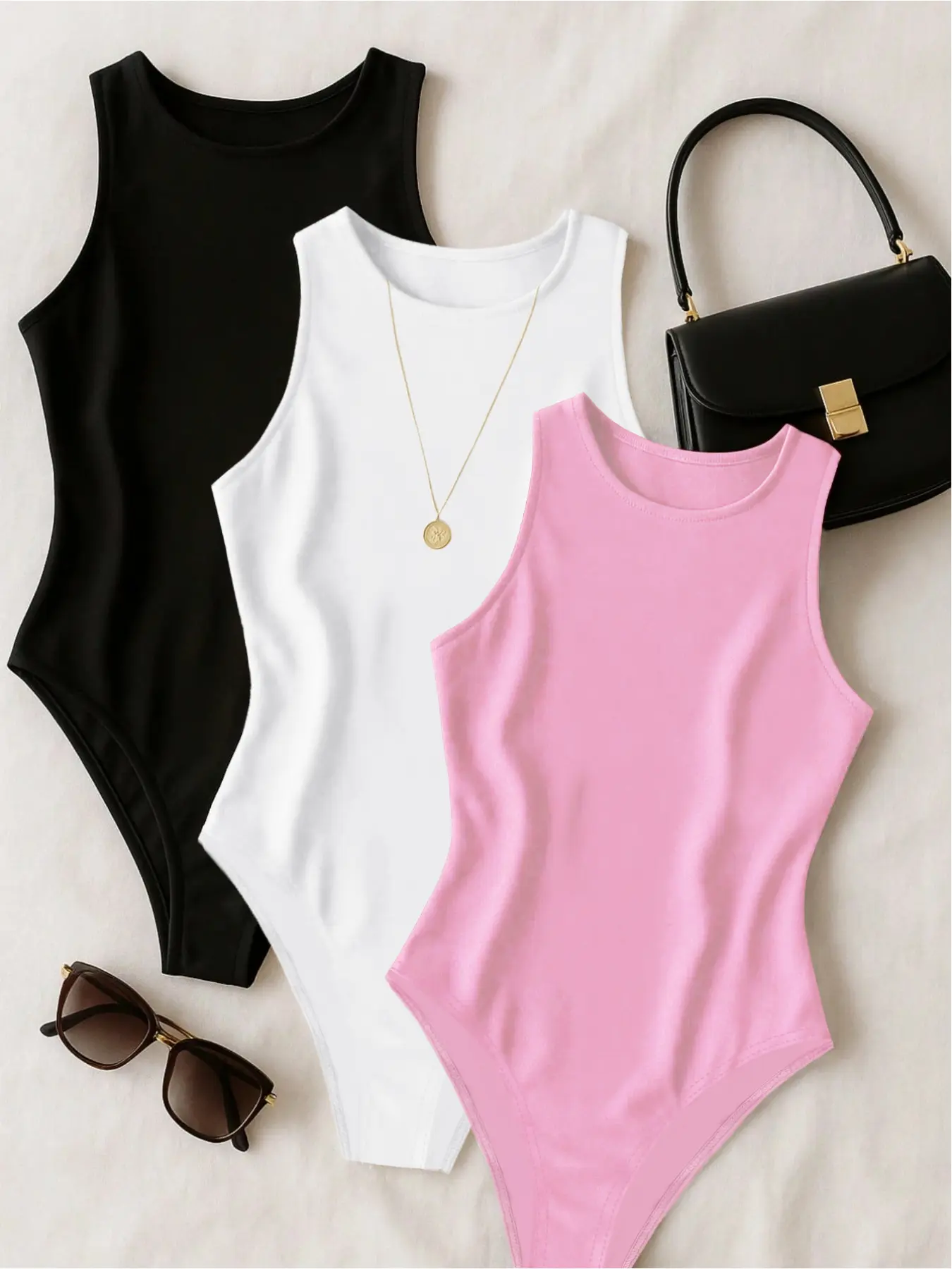 Fashionable Basic Versatile Elegant Sleeveless Round Neck Women's Romper Set, Casual Fitted Top, All Seasons Plain Design