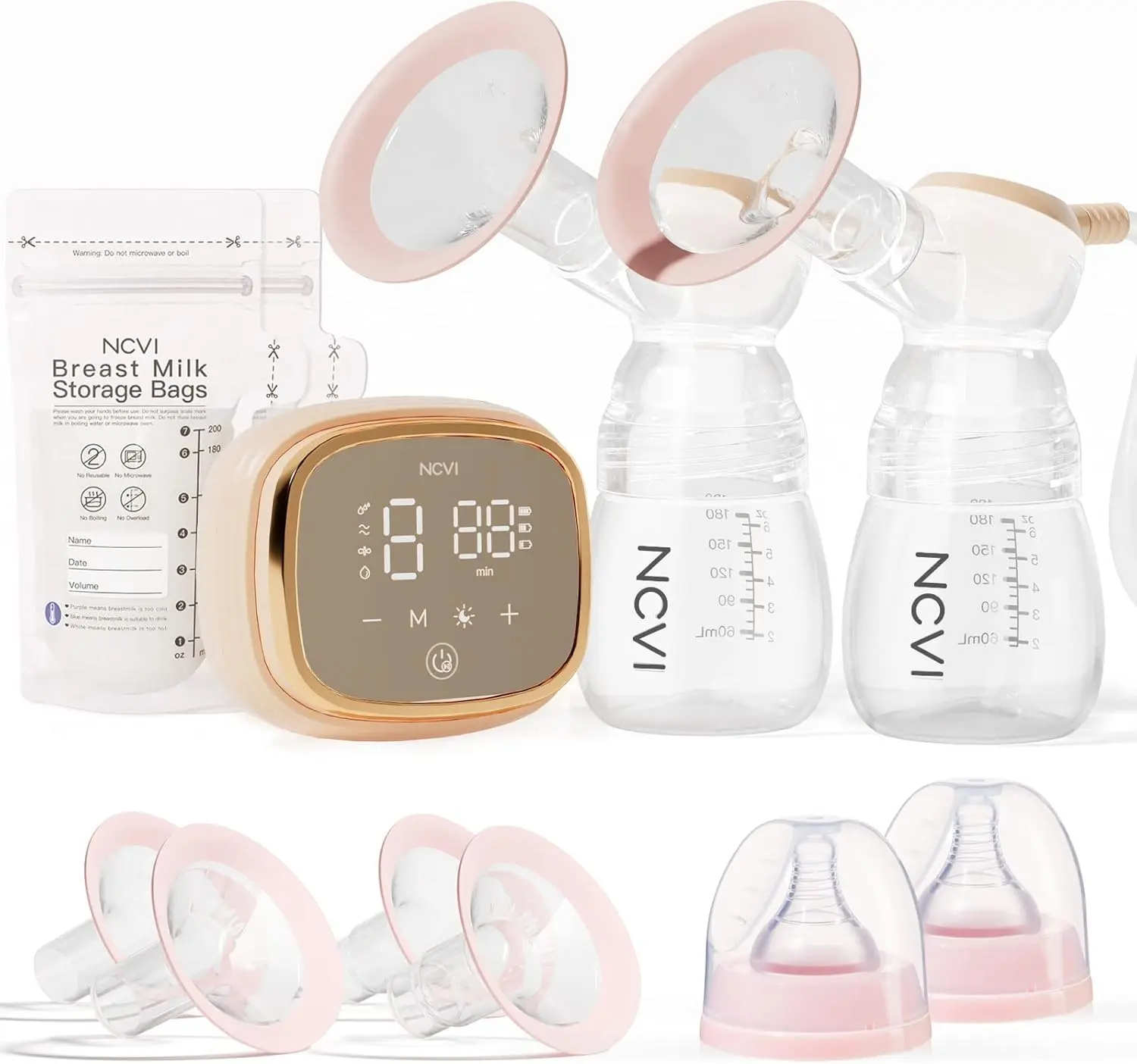 NCVI Double Electric Breast Pump, Portable with 4400mAh Battery & Night Light, BPA-Free Polypropylene, Quiet Operation, 4 Modes & 9 Suction Levels for Office & Outdoor, Breastfeeding Accessories, Wireless Rechargeable Pump, Nightlight