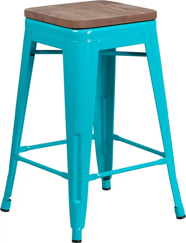Flash Furniture ET-BT3503-24-CB-WD-GG 24 in. High-Backless Crystal Teal-Blue Counter Height Stool with Square Wood Seat