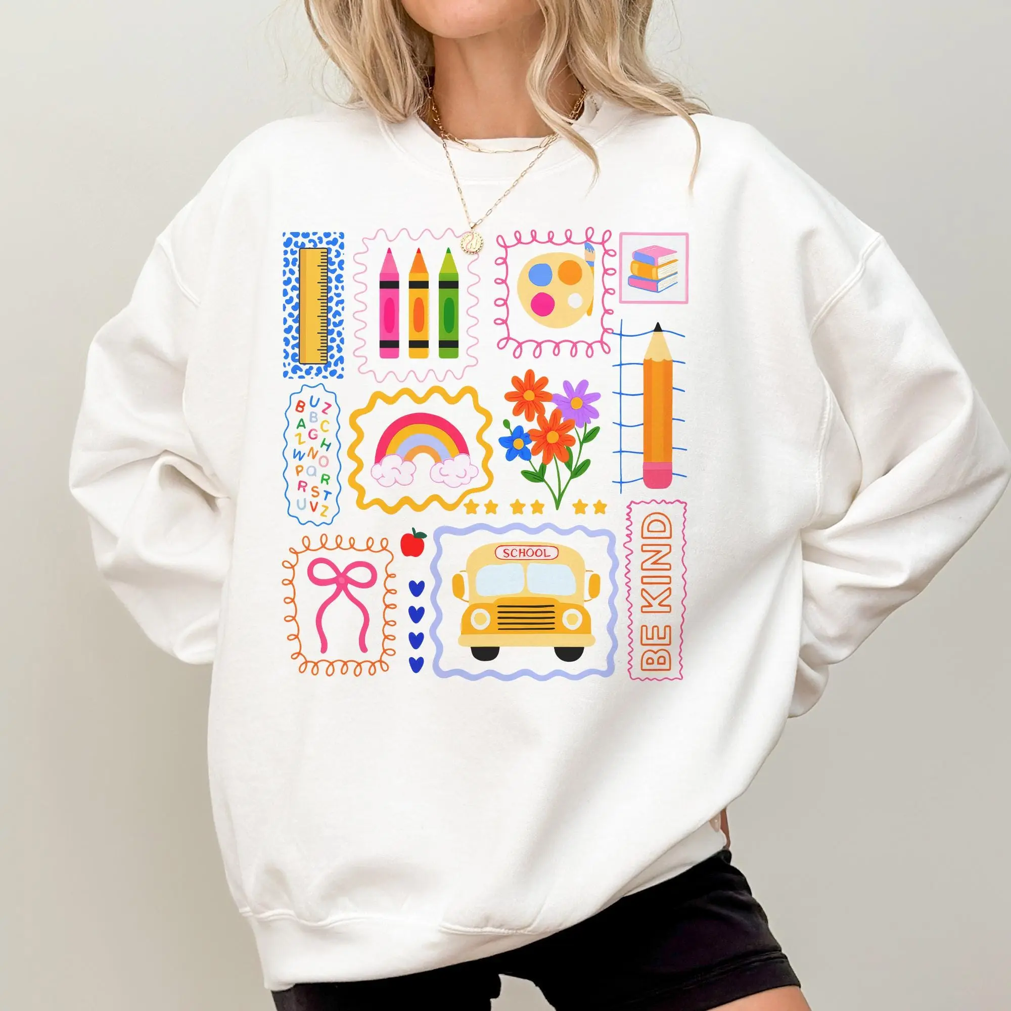 Trendy Teacher Sweatshirt, Colorful Doodle Back To School Shirt, Preppy Coquette School Sweatshirt, Girly Pink Bow Sweater, Teacher Gifts