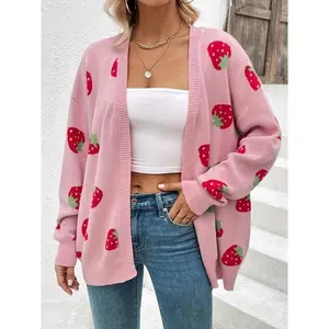 Women’s loose-knit cardigan sweater with a strawberry pattern, elegant long sleeves, pink fabric, asymmetric design, printed nylon–polyester viscose blend, chic style