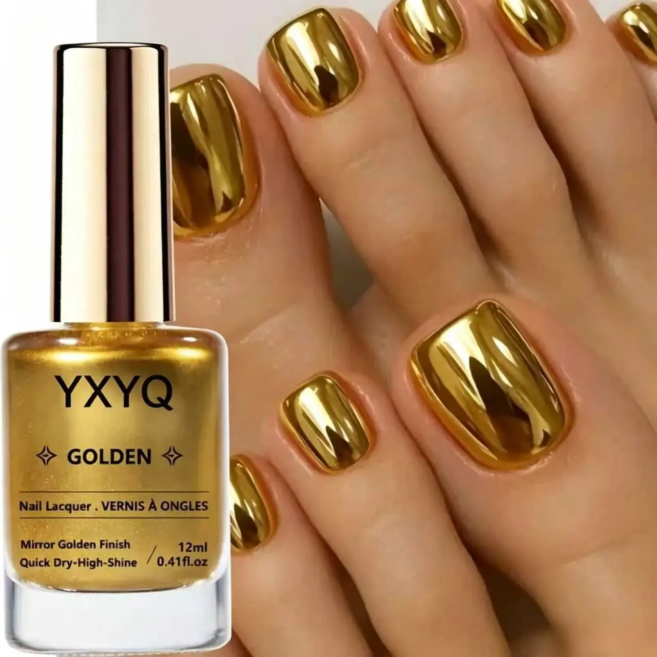 YXYQ 12ML Golden Gloss Nail Polish - Mirror Chrome Nail Art Polish, Quick-Dry, Long-Lasting for Daily Fingernail & Toenail DIY Manicure