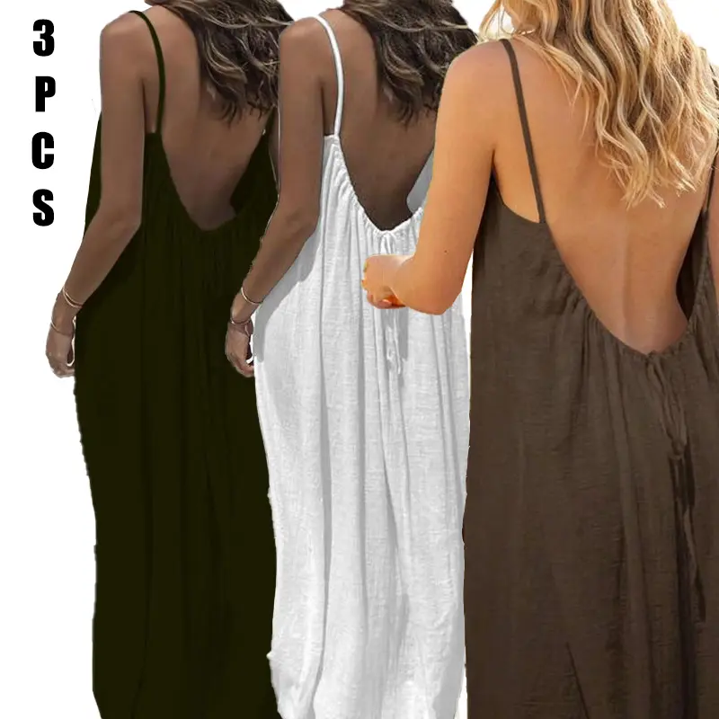 1/2/3 Pcs Women's Solid Color Backless Cami Dress, Casual Sleeveless Dress for Summer, Ladies Clothes for Beach Holiday Vacation