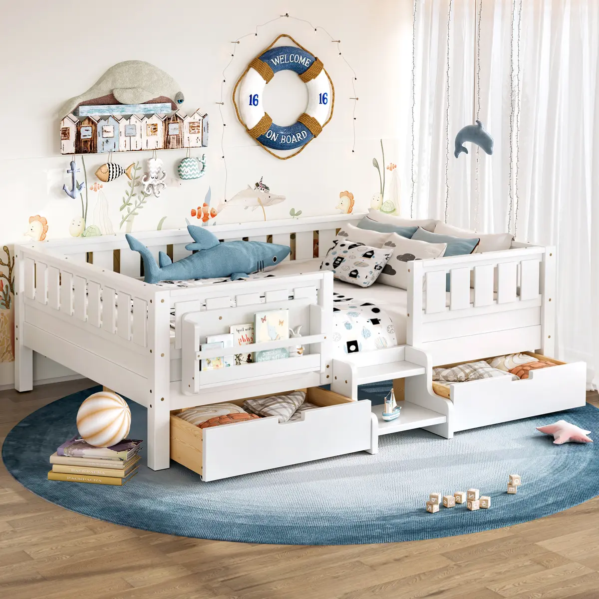 [Bellemave]Twin/Full /Queen with built-in bookshelves and storage drawers, Safety Staircase design and high-quality safety rails,White