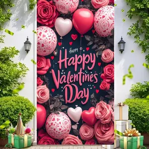 2D flat banner 1PcsValentines Day Door Cover,Valentine Day Door Decorations Red and Pink Heart Valentines Day Door  Valentine Party Front Door Decorations 70.86*35.43in Indoor/Outdoor Party Outdoor Photog raphy Background Photoshoot Banner Polyester