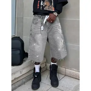 Vintage Distressed Rhinestone Embroidered Casual Jeans, Seven-Quarter Jeans, Letter Embroidery, American Street Style, All Seasons