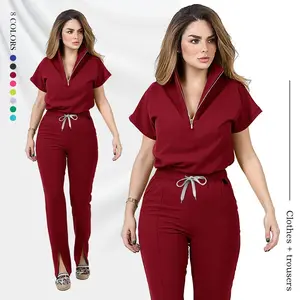 Women's Modern Medical Scrubs Set - Zipper Front Top & Utility Pocket Pants for Healthcare Professionals