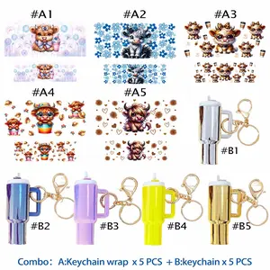 Cute Cow Design Cow Theme Playful 10-In-1 Creative DIY Kit, Includes 5 Colorful Mini Keychains & 5 UV DTF Stickers, Ideal Gift for Holidays & Parties