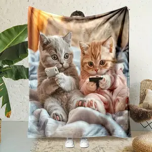 Contemporary Cartoon Cat Print Digital Flannel Throw Blanket - Polyester, Non-Woven, Reversible, All-Season, Soft, High-Density, No Pilling, No Shedding - Cute Animal Pattern Office Nap & Home Gift Blanket