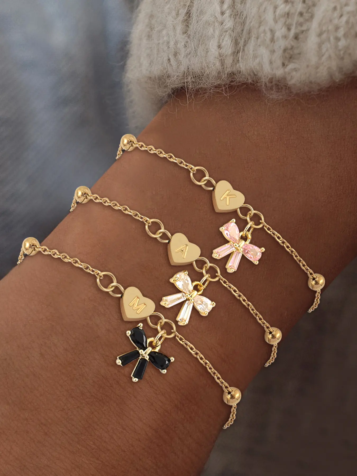 Elegant Zircon Bowknot Heart Initial Women's Bracelet, Stainless Steel Beaded Chain, Casual Fashion Jewelry for All Seasons