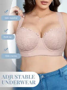 Women's Plus Size Lace Underwire Push-Up Bra,Medium Support Lift Anti-Sagging, Slimming Cover Side Breasts Breathable and Soft Adjustable Wide Straps, Daily Wear