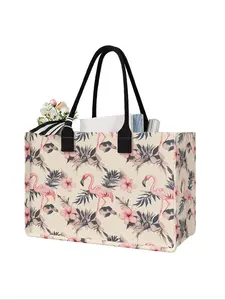 Large Capacity Flamingo Print Storage Bag, Tote Bag, Durable Handles, Space-Saving Multi-Purpose Organizer for School Travel Shopping