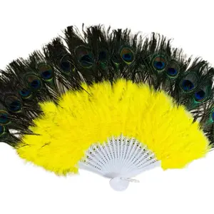 Peacock Feather Flurry Hand Fan Santeria Ochun Yemaya Obatala with Vibrant Yellow Center and Elegant Peacock Feathers