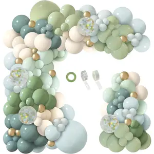 150pcs dusty blue green balloon garland arch kit, ash mist green haze fog blue sand white gold balloons for baby shower jungle safari woodland wild one bridal birthday party decorations