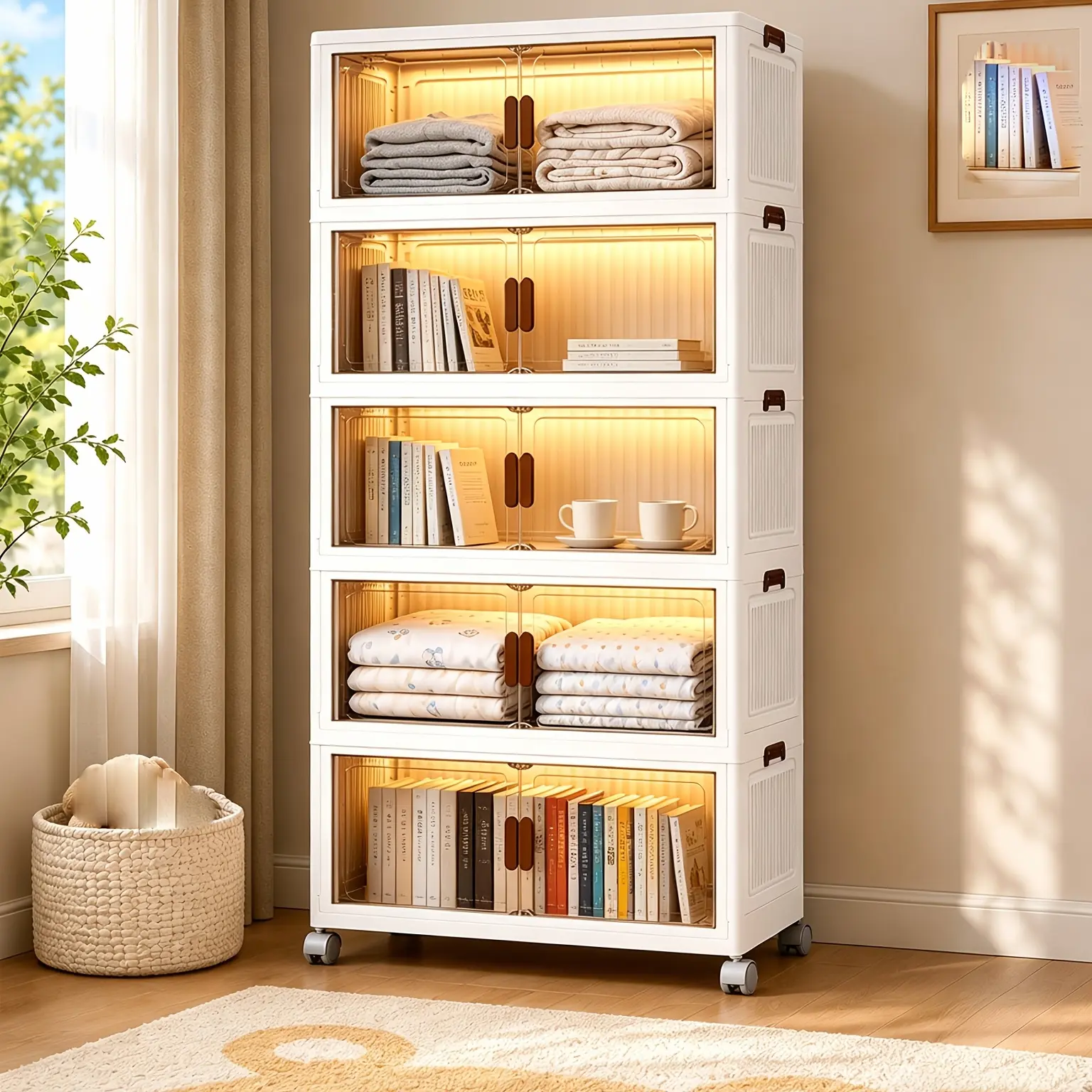 5-Layer Stackable Storage Box with Lid And Door, 1/2/3/4/5-Layer Up to 65In Tall Folding Plastic Material Storage Box, Suitable for Living Room, Bedroom, Kitchen, Office Storage of Vertical Shelves, Shelves, Storage Supplies Local Warehouse