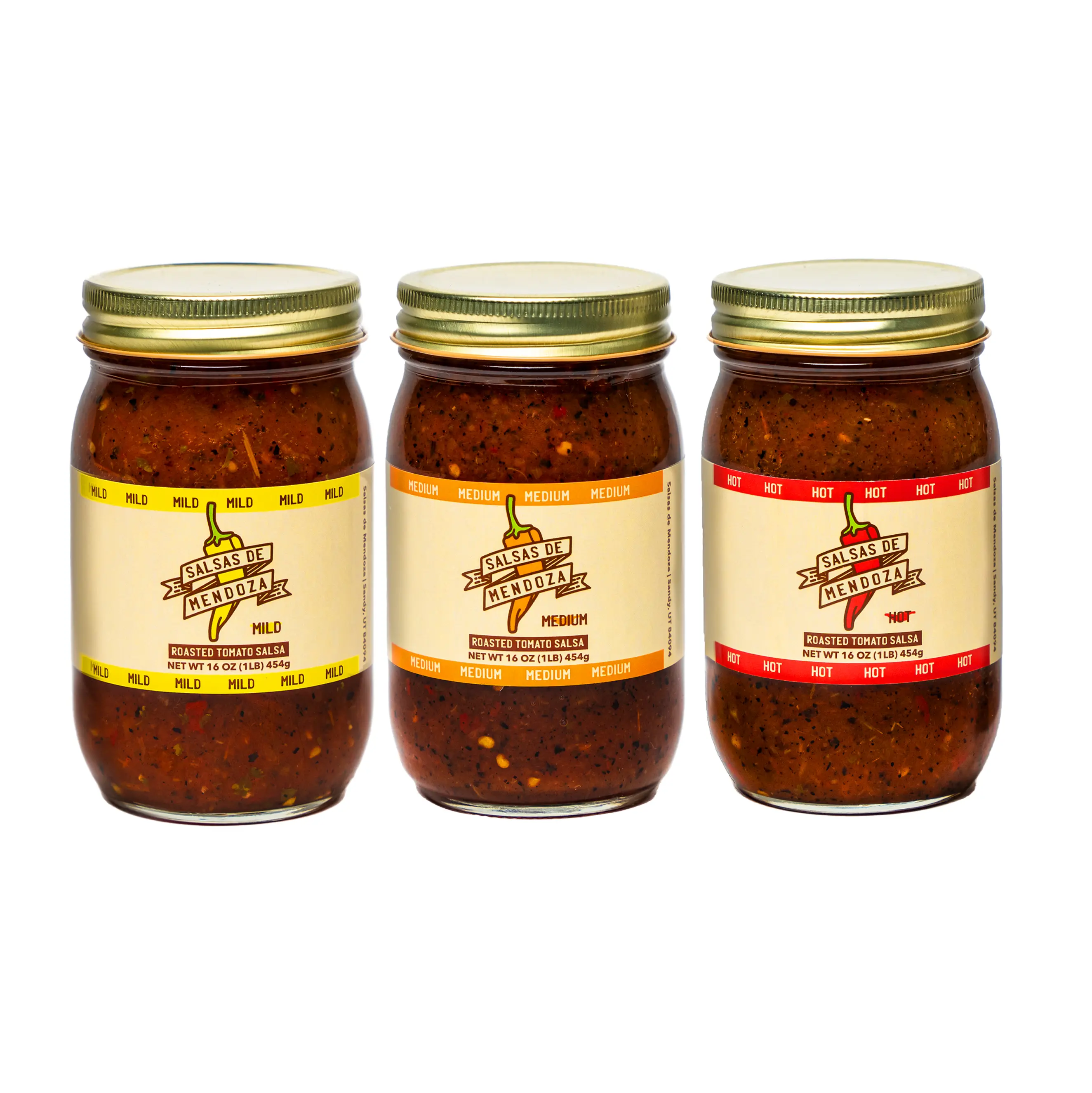 Mild, Medium, Hot Flavor Roasted Salsa by Salsas de Mendoza - 3 Pack - Tomato, Dip