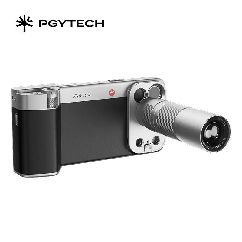 PGYTECH RetroVa Handheld Grip Kit for iPhone 17 Pro/17 Pro Max - Vintage Leather-Style Casing, Camera Grip, 2x Telephoto Lens, External MicroSD Recording, Bluetooth Functionality Remote, Cellphone Accessories for Photographers,back to school