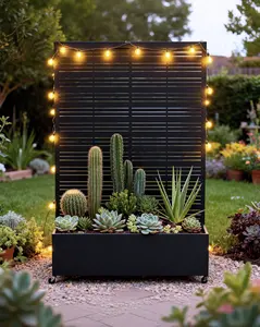 Privacy fence with planters, made of woven metal mesh in black or wood grain finish, suitable for backyard patios, gardens, and balconies. It serves as a safety barrier and protective screen while adding decorative appeal to outdoor living spaces.
