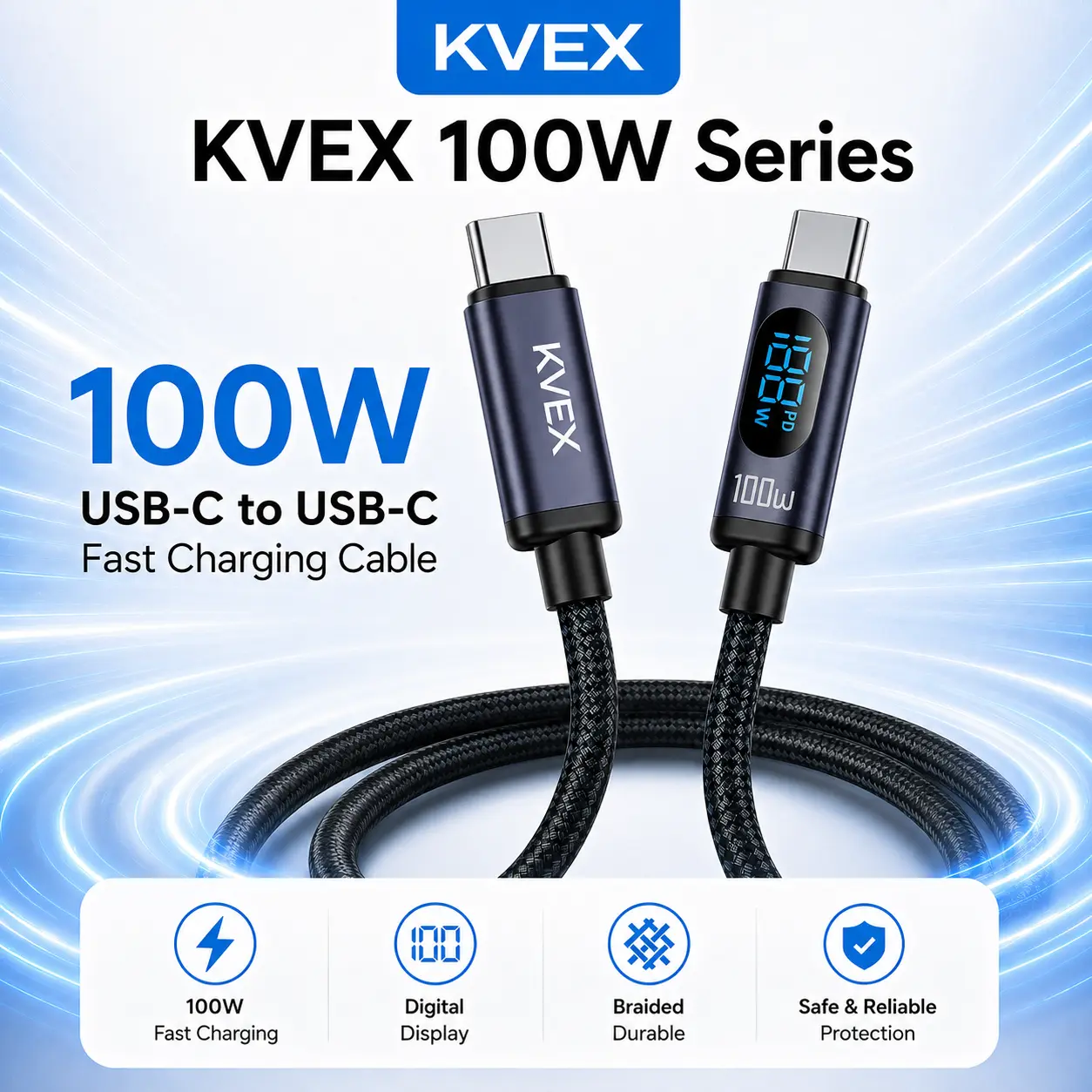 KVEX  100W USB-C to USB-C Fast Charging Cable with Digital Power Display, 1M Black Braided Cord Connector Durable