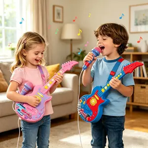 Music Guitar Strap Microphone Toy, Two-In-One Karaoke Machine, Cool Lights, Perfect Birthday Gift for Kids, Requires Aa Batteries