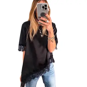 Women's Satin Lace Trim Blouse Asymmetrical Hem Crewneck Top Loose Fit Patchwork Oversized Casual Shirt Y2K Side Slit Tee