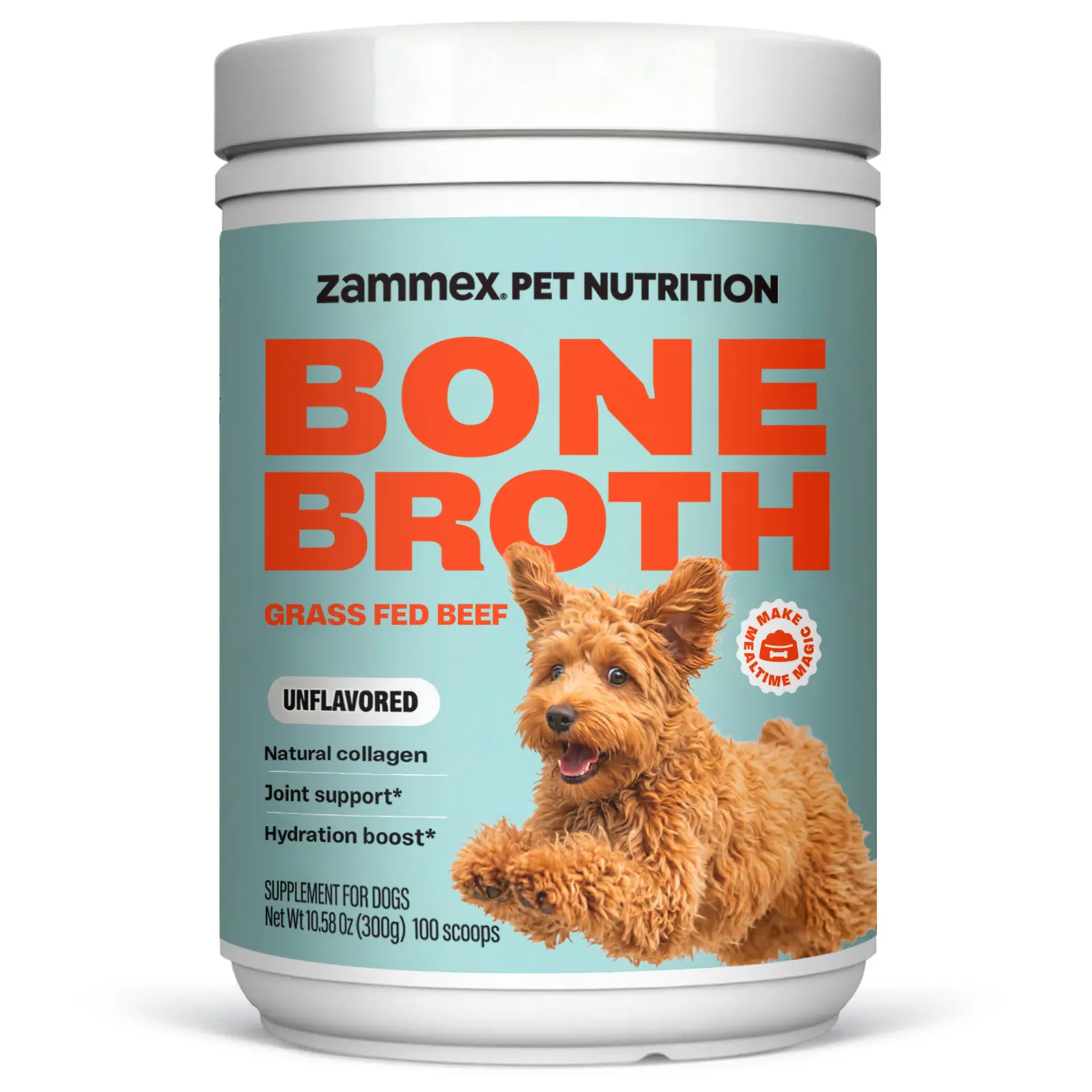 Zammex BeefyPaws Bone Broth Powder for Dogs, 10.6oz Natural Gluten-Free Canine Nutritional Supplement, Grass-Fed 3g Hydrolysate Protein with 19 Amino Acids, Supports Joint, Gut Health & Shiny Coat