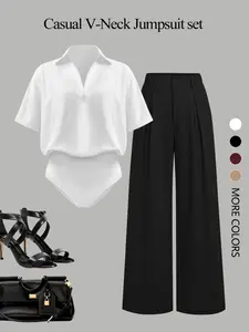 Women's Fashion Elegant Solid Color V-Neck Short Sleeve Jumpsuit and Wide Leg Pants Two-Piece Set, Casual Summer