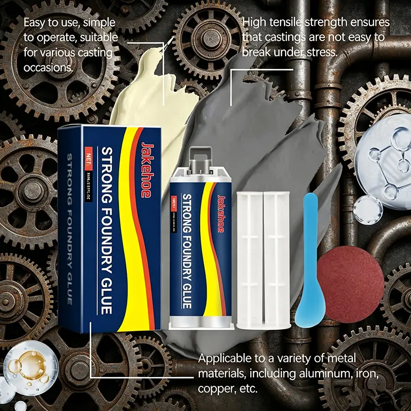 Heavy-Duty Strong Foundry AB Glue Repair Kit, High Temperature Resistant Metal Casting Adhesive with Spatula & Sandpaper, Waterproof Crack Repair Sealant for Cast Iron, Aluminum, Auto Parts, Water Pipes, Hardware Damaged Hole & Household Industrial Fixing