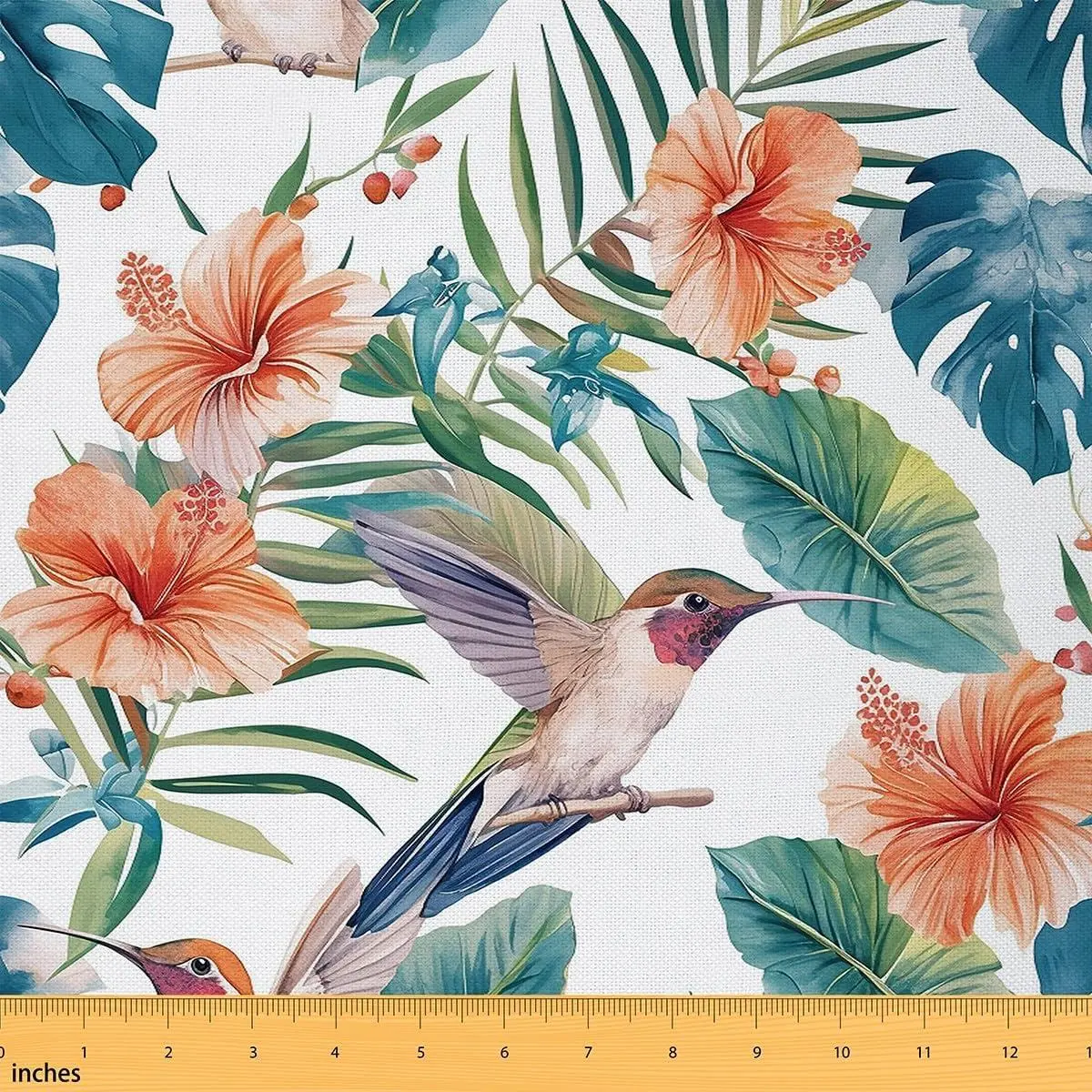 Cute Hummingbird Fabric,Tropical Bird Flowers Soft Flannel Polyester No Stretch Fabric,Country Decorative Cloth,Teal Orange Crafts & Sewing Supplies DIY Fabric
