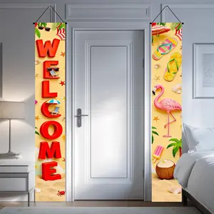 2D flat banner, Hello Summer Porch Banner 2PCS 71 x 12 inches Welcome Flamingo Flip Flops Coconut Beach Porch Banner Sign Spring Hanging Pool Party Door Banners Hawaii...