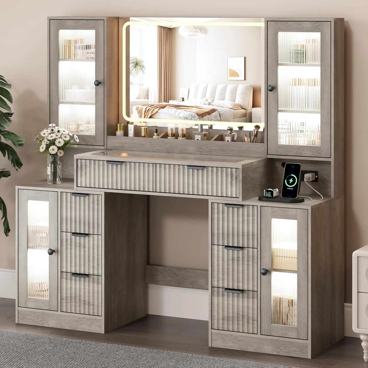 55" Vanity Desk with Mirror & Lights, Fluted Makeup Vanity Desk with LED Mirror, RGB Cabinet Lighting, Charging Station, 8 Drawers, 4 Cabinets, Tempered Glass Top, Large Storage for Bedroom