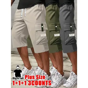 3-piece set of men's plus size high workwear shorts, loose fit elastic drawstring waistband, multi pocket lightweight breathable summer casual outdoor shorts, men's shorts, men's casual breathable shorts, comfortable elastic waistband drawstring pants