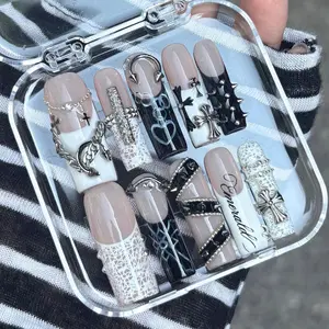 Gothic Cross Press On Nails, Black White Punk Grunge Charm Set