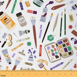 Art Fabric by The Yard,3 Yard,Cartoon Artists Stationery Brushes Pencils Theme Upholstery Fabric for DIY Projects,Colorful Painting Waterproof Fabric