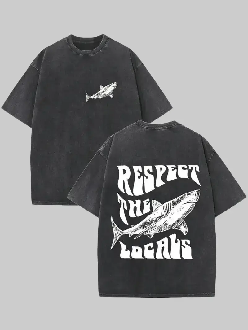 Valentine shirts 1pc, Vintage Shark Print Cotton T-Shirt - 230G Double-Sided Washed, Retro Streetwear Style, Round Neck, All-Season Casual Tee with "RESPECT THE LOCALS" Design, Perfect Holiday Gift for Men Menswear Tshirt