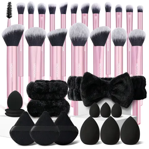 35Pcs All-Round Makeup Brush Set – Complete with Face & Eye Brushes, Concealer & Contour Brushes, Makeup Sponge, Triangle Puffs, Finger Puffs, Headband & Wristbands – All Essentials for Daily Makeup Cosmetic Brush Kit