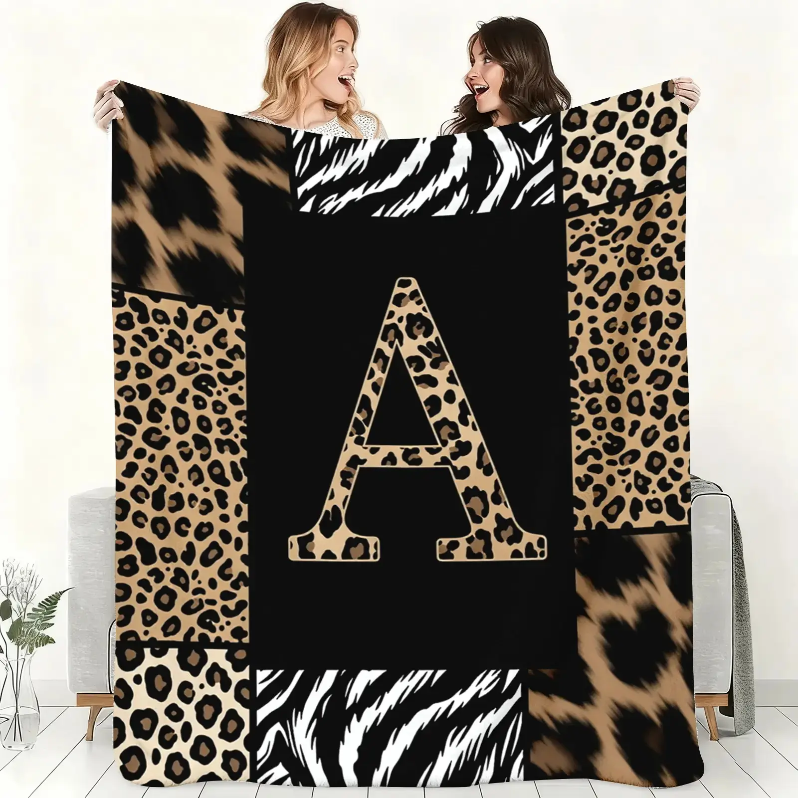 Wildlife Pattern Letter A Graphic Flannel Throw Blankets, Leopard-Zebra Inspired Design, Soft Cozy Custom Monogram Throw, Ideal Gift for Her, Trendy Bedroom-Couch Decor