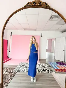 Blue Sleeveless Crop Knit Top And Maxi Skirt