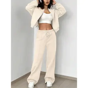 Two-piece Set Women's Solid Zip Up Drop Shoulder Jacket & Pocket Elastic Waist Pants, Casual Fashion Cozy Breathable Two Piece Outfits for Daily Outdoor Wear, Ladies Matching Sets for All Seasons