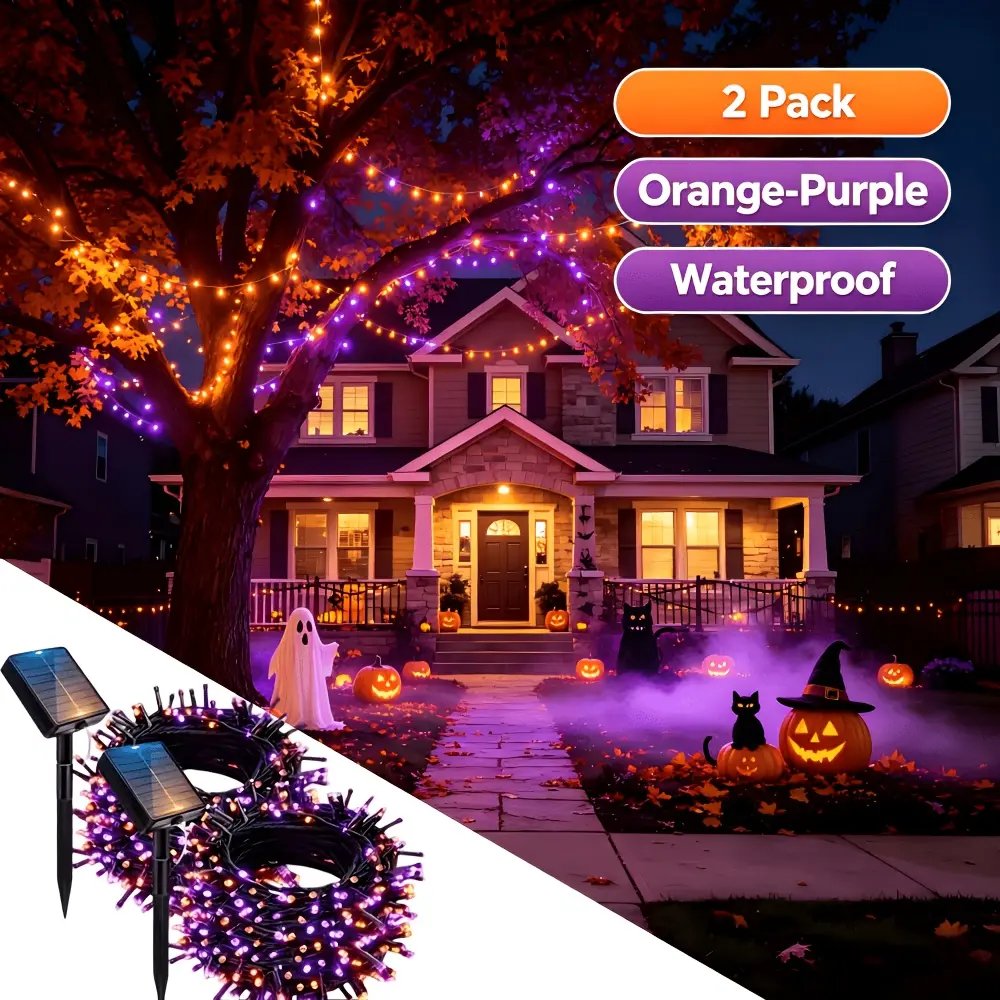 Halloween decorative lights, solar-powered orange and purple string lights, 2 packs totaling 78 feet, with 100 LED bulbs and 8 different lighting modes. These lights are perfect for decorating gardens or hosting parties.