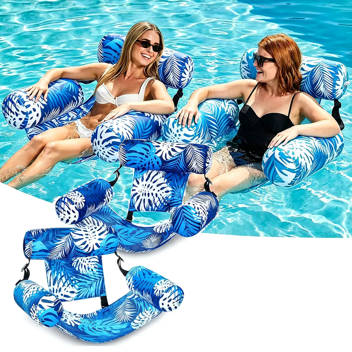2-Pieces Inflatable Water Loungers for Adults, Tropical Print Portable Pool Floats Chairs with Backrest & Armrest, Poolside Lounging Hammock, Blue Swimming Equipment Bags, Pool Accessories