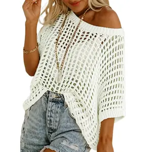 Women's crochet hollowed out short sleeved sweater, sexy low round neck knitted top, casual transparent Bohemian pullover, suitable for summer clothing and date nightsRAIMENTRY