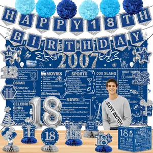 18th Birthday Decorations Boys Girls 24PCS 2007 Banner Decorations Including Banner 6 Honeycomb Topper 18 Balloons Cheers to 18 Years Banner 7 Hanging Swirl