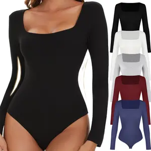 Women's Solid Square Neck Bodysuit Long Sleeve Bodysuit, Fashion Casual Comfy Tummy Control Butt Lifter Shaper, Laides Soft Stretch Leotard Shirt Top for Fall Winter Wear casual comfy Dance Clothing Breathable Fit Womenswear