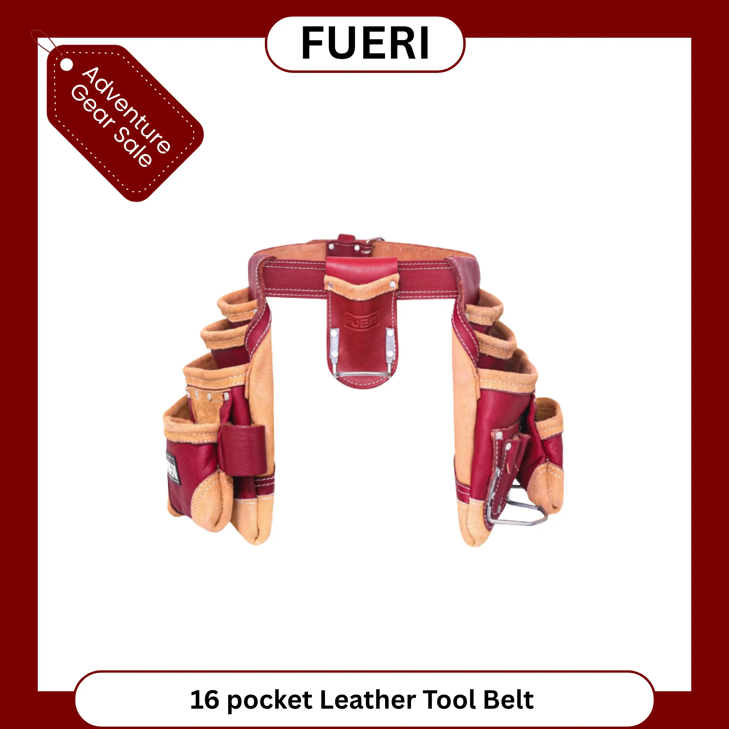FUERI 16 Pocket Leather Tool Belt,Comes with Padded Belt, Big Pouches, Hammer Holder and Suspender loops, Ideal for Construction Workers, Carpenters and Electrician.