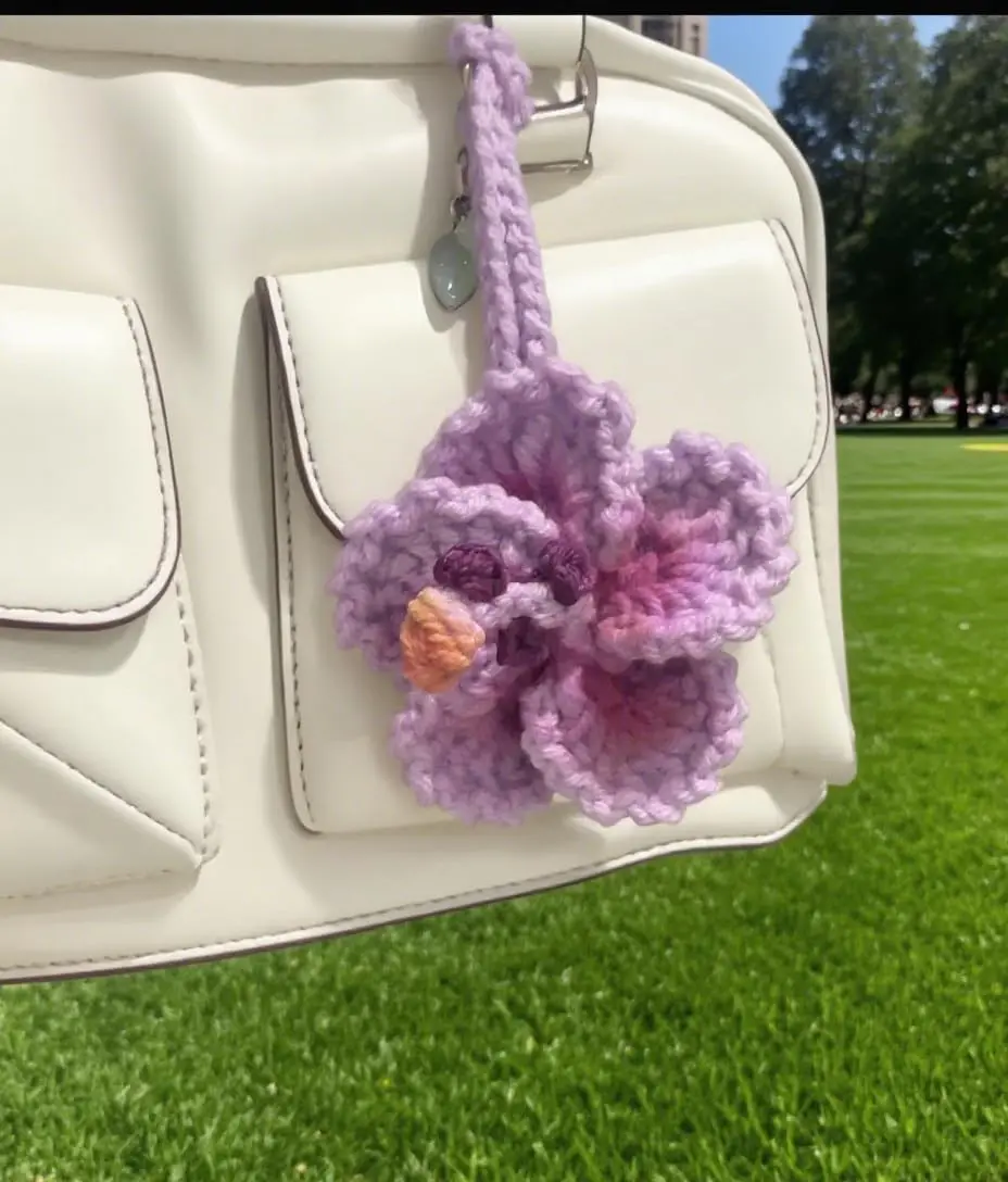 Hibiscus Flower  Hanging Ornament,Crochet Hawaiian Tropical  Bag Charms Decor  Rear View Mirror Beach Accessories (Purple)