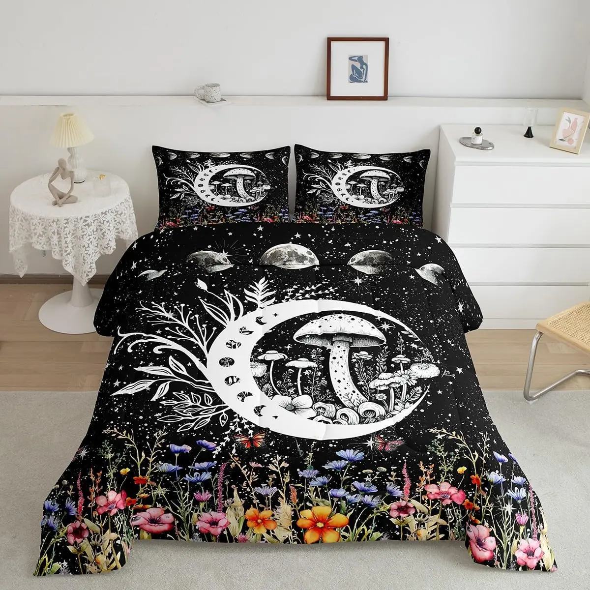 Feelyou Boho Exotic Mushroom Duvet Set - Bedroom Bedding Set, Decorative Bohemian Botanical Galaxy Comforter, Stylish Textile Room Decor for Women, Men, Decorative Bedding Set