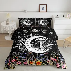 Sun Moon Bedding Set,Boho Exotic Mushroom Comforter Set,Bohemian Botanical Comforter for Women Men,Room Decor Galaxy Duvet Set