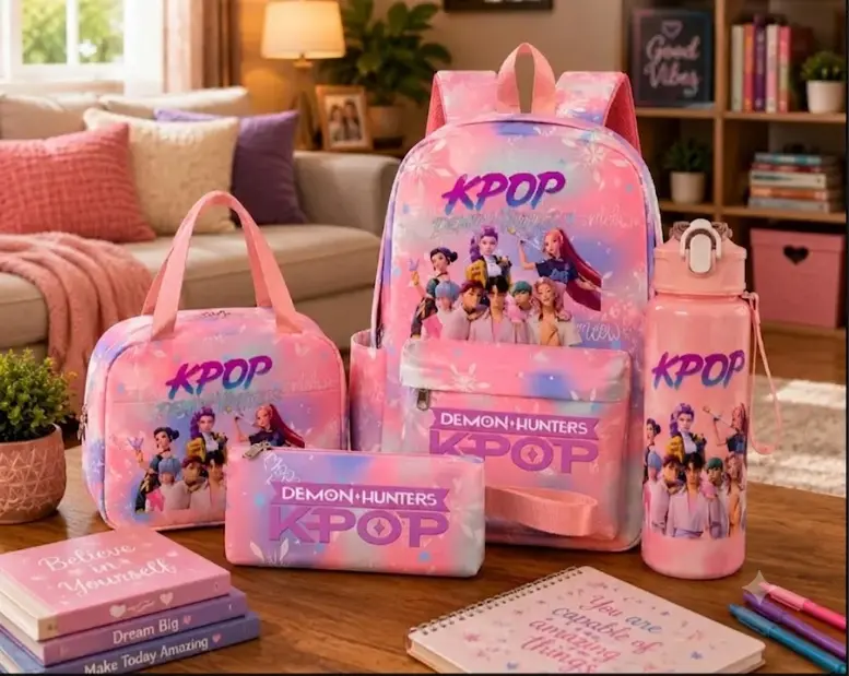 K-Pop Demon Hunters Pink 4-in-1 Backpack Bundle Insulated Travel Bottle Set